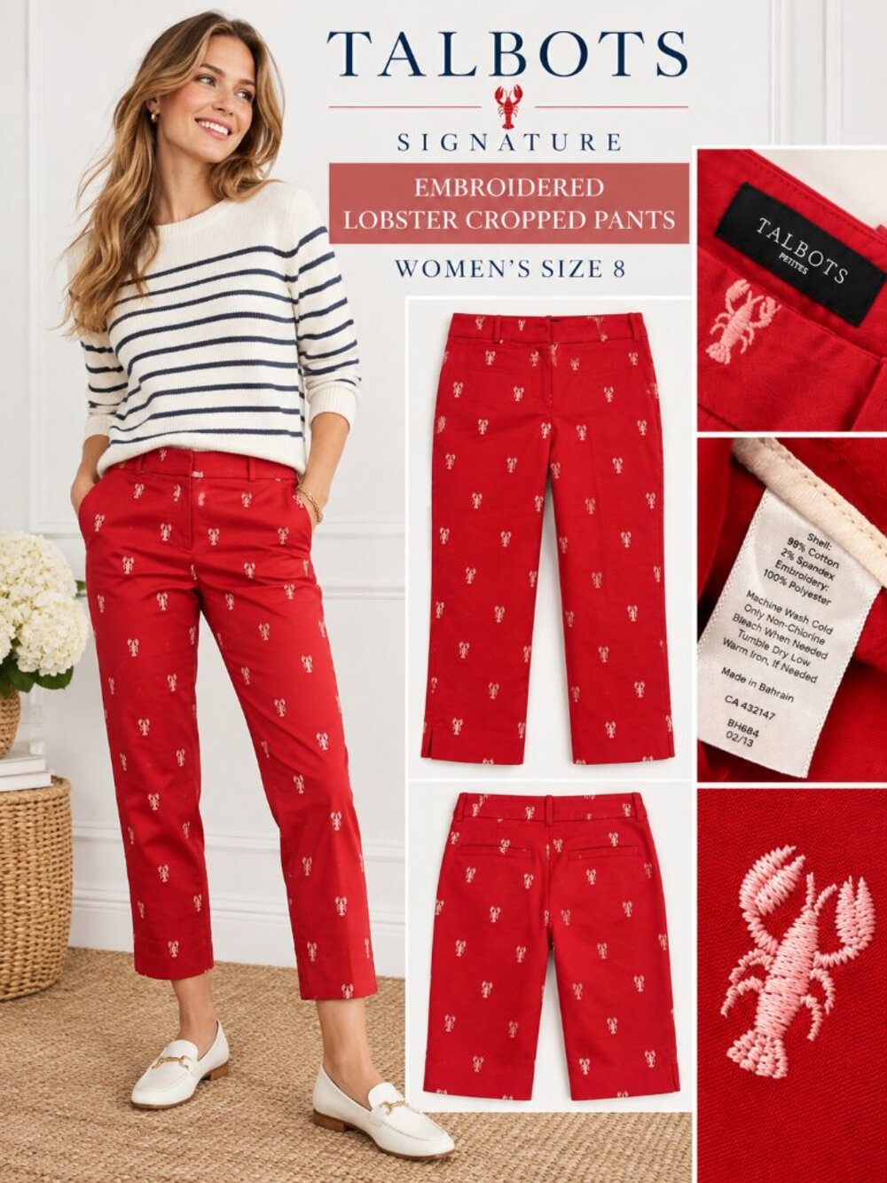 Talbots Signature Red Embroidered Lobster Cropped Pants Chinos - Women's Size 8